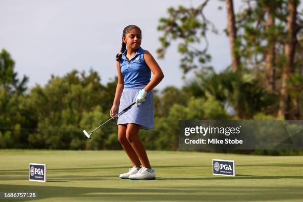 Participant reacts on the putting green during the 2023 Drive, Chip and Putt Regional Qualifier at Sea Island Resort on September 17, 2023 in St...