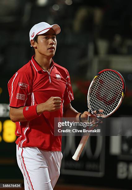 Kei Nishikori of Japan celebrates match point against Paolo Lorenzi of Italy in their first round match during day two of the Internazionali BNL...