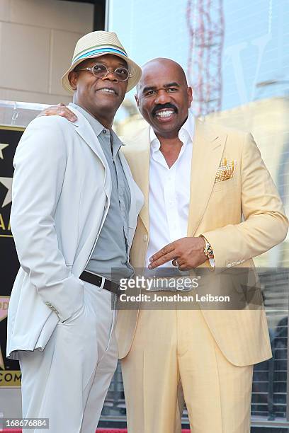 Samuel L. Jackson and Steve Harvey attend the ceremony honoring Steve Harvey with a Star on The Hollywood Walk of Fame held on May 13, 2013 in...