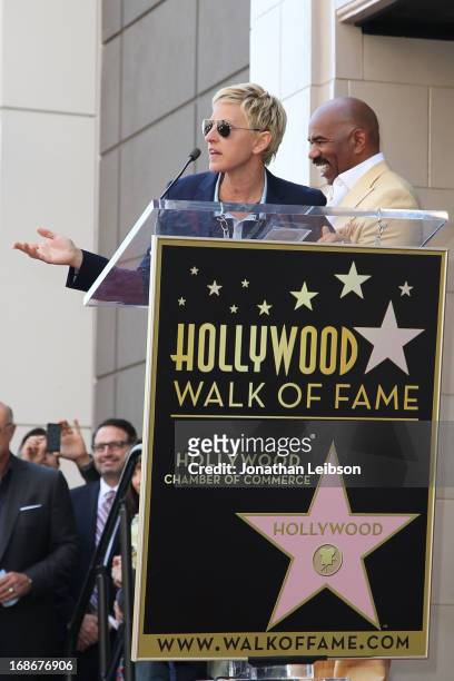 Ellen DeGeneres and Steve Harvey attend the ceremony honoring Steve Harvey with a Star on The Hollywood Walk of Fame held on May 13, 2013 in...