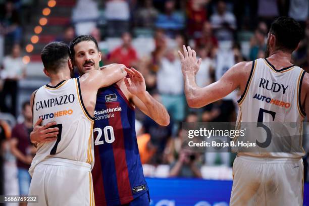 Nico Laprovittola of Barsa and Facu Campazzo and Rudy Fernandez of Real Madrid during Semi Finals of Supercopa of Liga Endesa match between Barsa and...