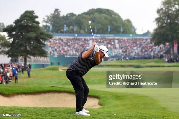 Ryan Fox of New Zealand plays his second shot on the 18th hole during Day Four of the BMW PGA Championship at Wentworth Golf Club on September 17,...