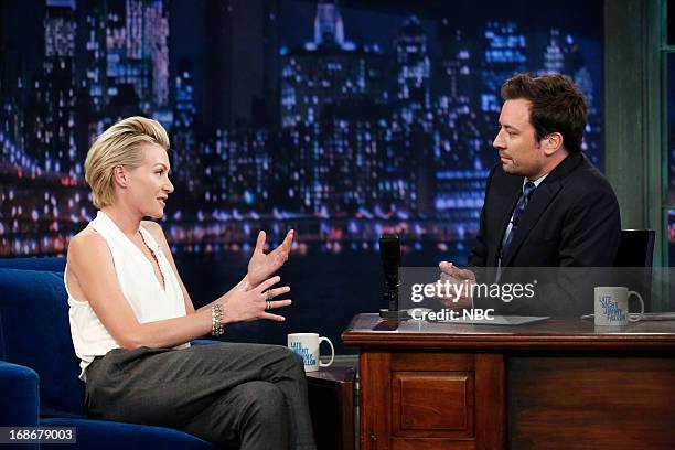 Episode 834 -- Pictured: Portia de Rossi with host Jimmy Fallon during an interview on May 13, 2013 --