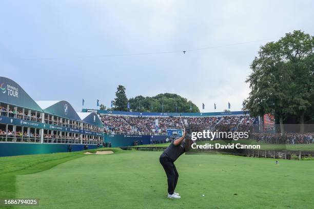 Ryan Fox of New Zealand plays his third shot on the 18th hole during the final round of the BMW PGA Championship at Wentworth Golf Club on September...