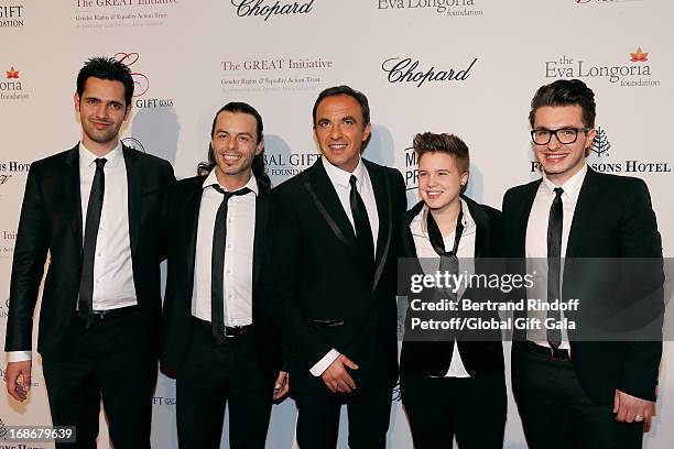 Nikos Aliagas between Finalists of French TV Show 'The Voice' Yoann Freget , Nuno Resende , Lois , and Olympe attend 'Global Gift Gala' at Hotel...