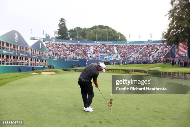 Ryan Fox of New Zealand plays his third shot on the 18th hole during Day Four of the BMW PGA Championship at Wentworth Golf Club on September 17,...