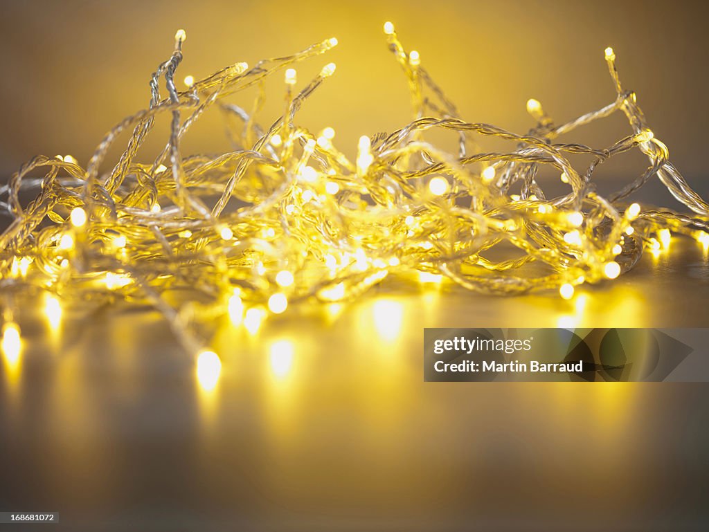 Pile of illuminated string lights