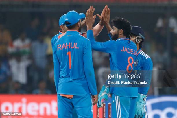 Ravindra Jadeja of India celebrates the wicket of Alex Carey of Australia during game two of the One Day International series between India and...