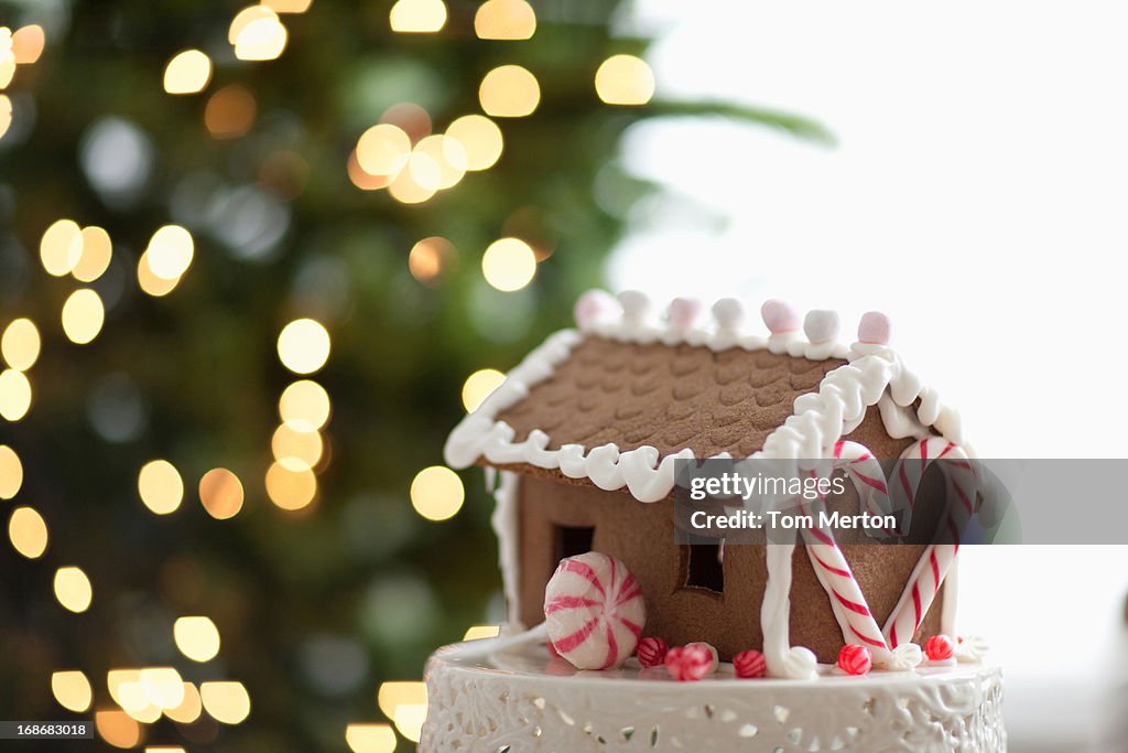 Casa de Gengibre na frente da Árvore de Natal