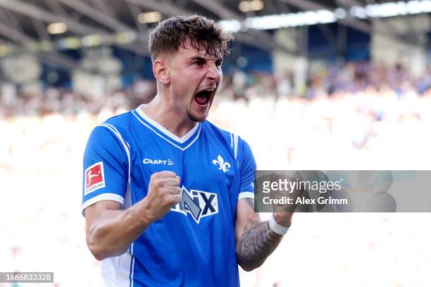 Matej Maglica of SV Darmstadt 98 celebrates after scoring the team's second goal during the Bundesliga match between SV Darmstadt 98 and Borussia...