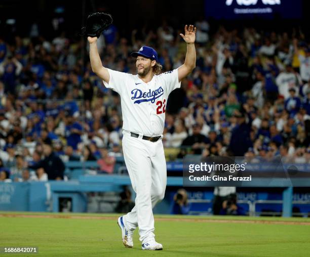 Los Angeles Dodgers starting pitcher Clayton Kershaw reacts after Los Angeles Dodgers left fielder David Peralta makes a diving catch to end the...