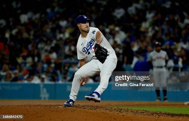 Dodgers pitcher Michael Grove pitches in relief against the San Francisco Giants at Dodger Stadium on September 23, 2023 in Los Angeles, California.