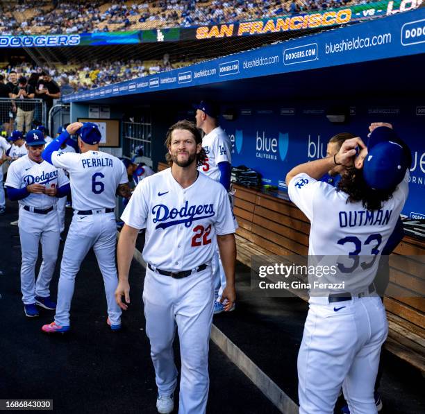 Los Angeles Dodgers starting pitcher Clayton Kershaw wears his game face in the dugout before the game against the San Francisco Giants at Dodger...