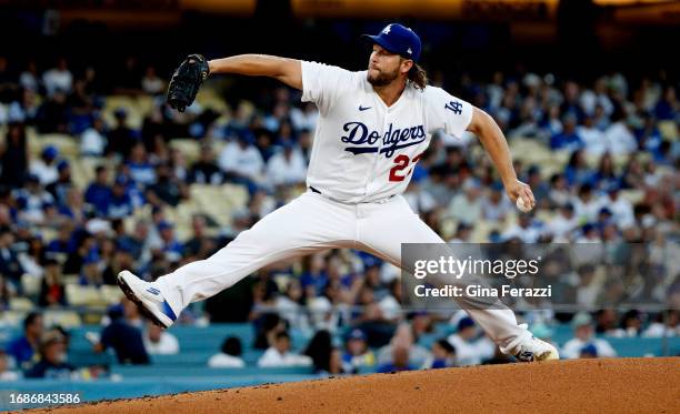 Los Angeles Dodgers starting pitcher Clayton Kershaw pitches against the San Francisco Giants in the second inning at Dodger Stadium on September 23,...