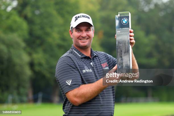 Ryan Fox of New Zealand poses with the trophy following victory on Day Four of the BMW PGA Championship at Wentworth Golf Club on September 17, 2023...