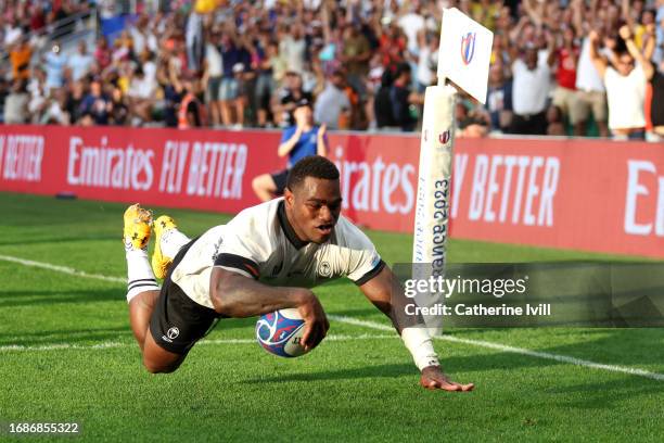 Josua Tuisova of Fiji scores his team's first try during the Rugby World Cup France 2023 match between Australia and Fiji at Stade Geoffroy-Guichard...