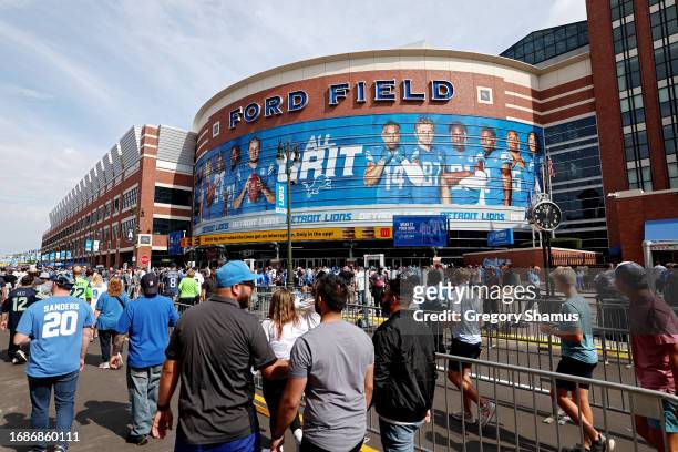 General view of outside the stadium before the game against the Seattle Seahawks and the Detroit Lions at Ford Field on September 17, 2023 in...