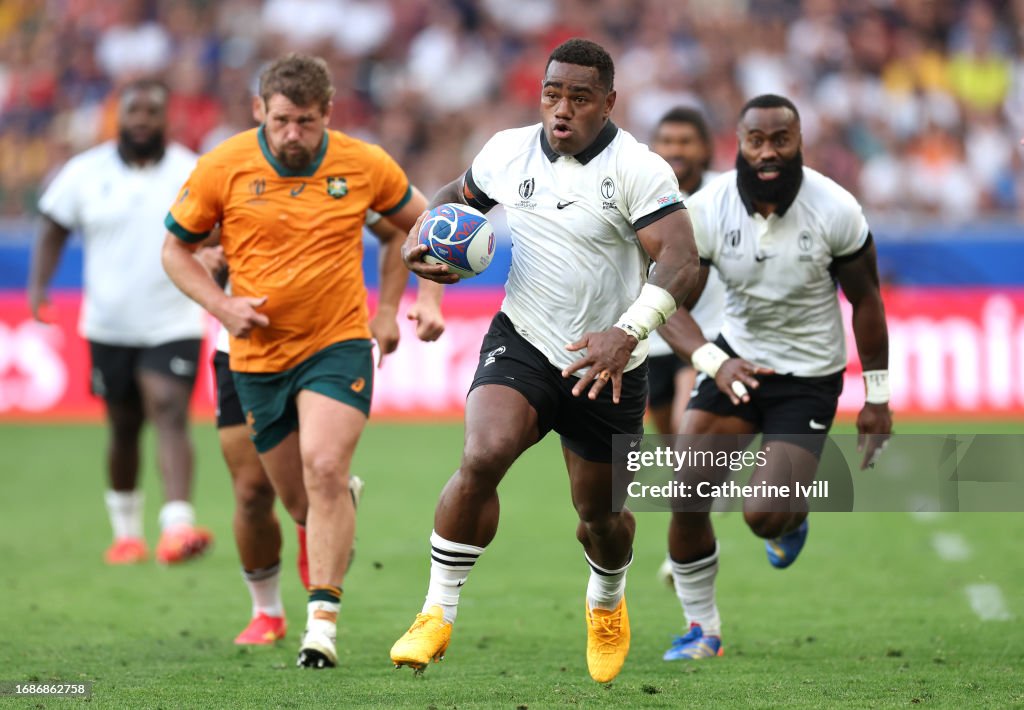 Values Rugby Fiji Josua Tuisova of Fiji breaks with the ball to score his team's first ...