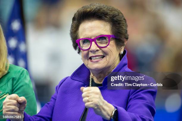 September 9: Billie Jean King reacts at the trophy presentation before presenting the winners' trophy to Coco Gauff of the United States after the...