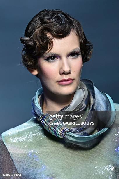 Model walks the runway of the Giorgio Armani show during the Milan Fashion Week Womenswear Spring/Summer 2024 on September 24, 2023 in Milan.