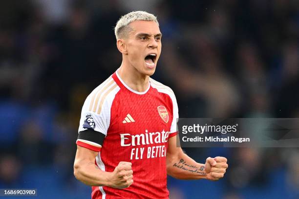 Leandro Trossard of Arsenal celebrates after the team's victory in the Premier League match between Everton FC and Arsenal FC at Goodison Park on...