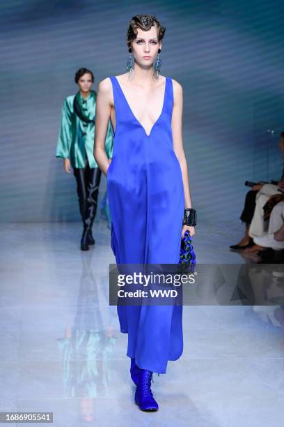 Model on the runway at the Giorgio Armani Spring 2024 Ready To Wear Runway Show on September 24, 2023 in Milan, Italy.