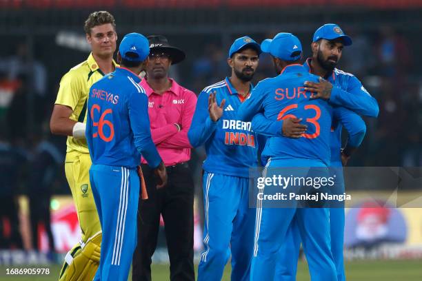 Indian players celebrate their victory during game two of the One Day International series between India and Australia at Holkar Cricket Stadium on...