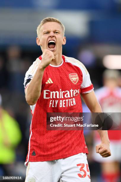 Oleksandr Zinchenko of Arsenal celebrates after the team's victory in the Premier League match between Everton FC and Arsenal FC at Goodison Park on...