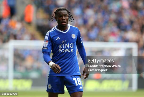 Leicester City's Abdul Fatawu Issahaku during the Sky Bet Championship match between Leicester City and Bristol City at The King Power Stadium on...