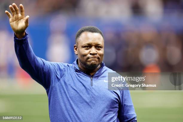 Former Detroit Lions player Barry Sanders is honored during the game against the Seattle Seahawks at Ford Field on September 17, 2023 in Detroit,...