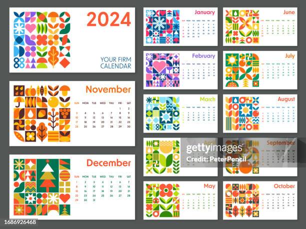 illustrazioni stock, clip art, cartoni animati e icone di tendenza di calendario 2024 - stile astratto geometrico bauhaus. disegno artistico a colori vettoriali - calendario