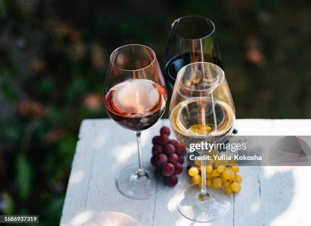 variety of wine for tasting on table in vineyard - degustazione di vino foto e immagini stock