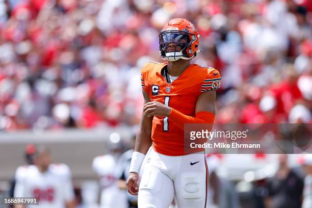 Justin Fields of the Chicago Bears looks on during the second quarter against the Tampa Bay Buccaneers at Raymond James Stadium on September 17, 2023...