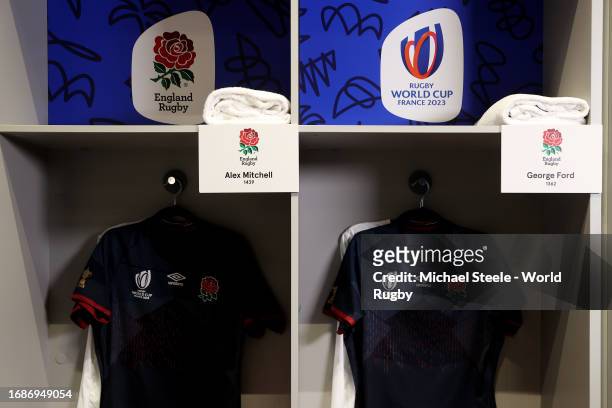 Detailed view of the lockers of Alex Mitchell and George Ford in the England changing room prior to the Rugby World Cup France 2023 match between...