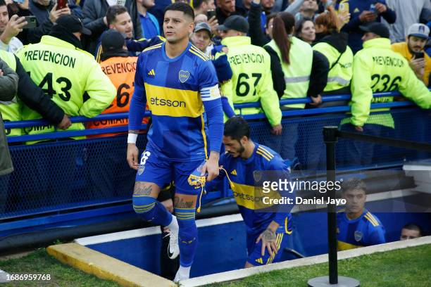 Marcos Rojo of Boca Juniors jumps into the field before a match between Boca Juniors and Lanus as part of Group B of Copa de la Liga Profesional 2023...
