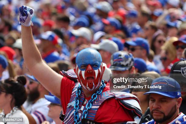 Buffalo Bills fans cheer during a game between the Buffalo Bills and the Las Vegas Raiders at Highmark Stadium on September 17, 2023 in Orchard Park,...