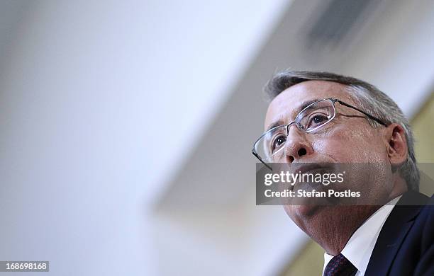 Treasurer Wayne Swan speaks at a press conference on May 14, 2013 in Canberra, Australia. Treasurer Wayne Swan will tonight present the federal...