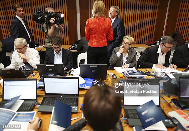 Treasurer Wayne Swan talks over the details of the budget with members of the media held in 'Budget lock up' on May 14, 2013 in Canberra, Australia....