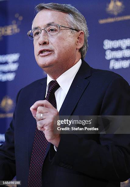 Treasurer Wayne Swan speaks at a press conference on May 14, 2013 in Canberra, Australia. Treasurer Wayne Swan will tonight present the federal...