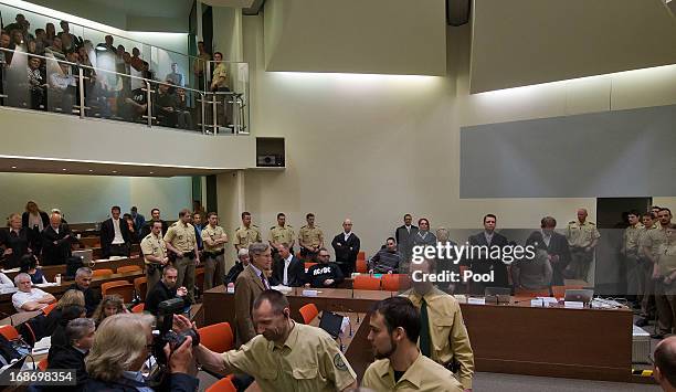 Defendants Beate Zschaepe with her lawyers , Ralf Wohlleben and the other three accused wait in court on the second day of the NSU neo-Nazi murder...