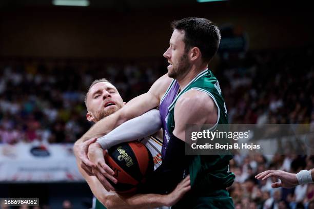 Dzanan Musa of Real Madrid and Tyler Kalinoski of Unicaja Malaga during Finals of Supercopa of Liga Endesa match between Real Madrid and Unicaja...