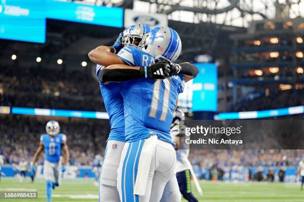 Kalif Raymond of the Detroit Lions celebrates a touchdown during the second quarter in the game against the Seattle Seahawks at Ford Field on...