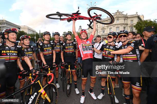 General view of Primoz Roglic of Slovenia, Jonas Vingegaard of Denmark, Sepp Kuss of The United States - Red Leader, Jersey Wilco Kelderman of The...