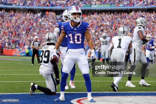 Khalil Shakir of the Buffalo Bills reacts after scoring a touchdown during the second quarter against the Las Vegas Raiders at Highmark Stadium on...