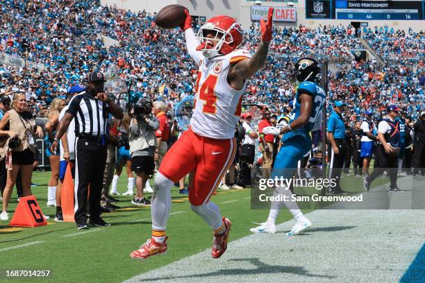 Skyy Moore of the Kansas City Chiefs celebrates after scoring a receiving touchdown against the Jacksonville Jaguars during the second quarter at...