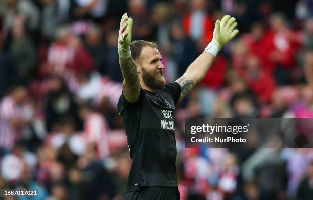 Cardiff City Goalkeeper Jak Alnwick celebrates at full time during the Sky Bet Championship match between Sunderland and Cardiff City at the Stadium...