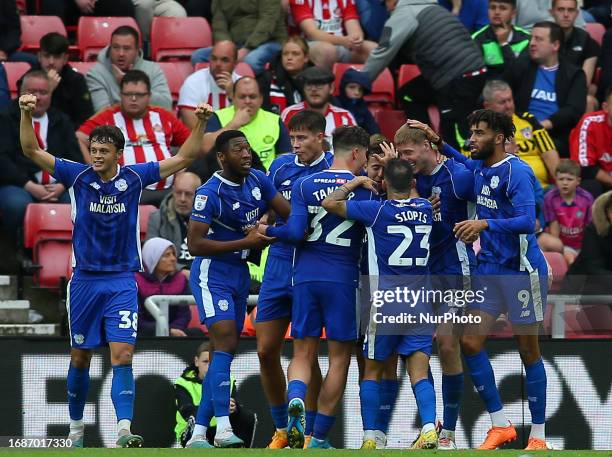 Cardiff City's Mark McGuinness celebrates his goal during the Sky Bet Championship match between Sunderland and Cardiff City at the Stadium Of Light,...