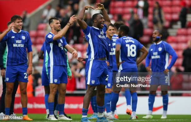 Cardiff City's Yakou Meite celebrates at full time during the Sky Bet Championship match between Sunderland and Cardiff City at the Stadium Of Light,...