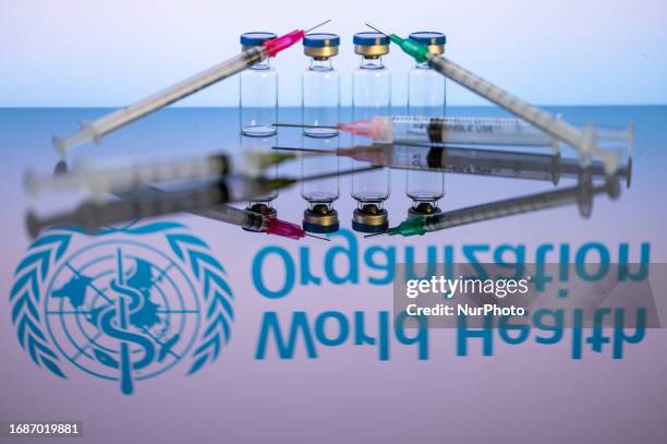 World Health Organization displayed on screen with pharmacy medical syringe and vaccine vial. Seen in this photo illustration, in Brussels, Belgium,...