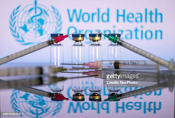 World Health Organization displayed on screen with pharmacy medical syringe and vaccine vial. Seen in this photo illustration, in Brussels, Belgium,...
